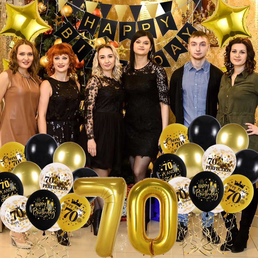 70th Birthday Decoration Set, Black Gold 70th Party Decorations Includes Pull Flower, Banner, Latex Balloons, Foil Balloons, Cake Topper, Pennant, Black and Gold Theme Suitable for 70th Party - Image 3