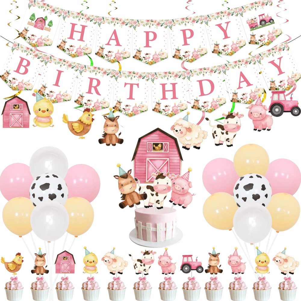 Kreatwow Pink Farm Animals Birthday Decorations for Girls Farmhouse Floral Theme Happy Birthday Banner Cow Pig Donkey Balloons Hanging Swirls Cake Cupcake Toppers for Kids Barnyard Theme Bday Party