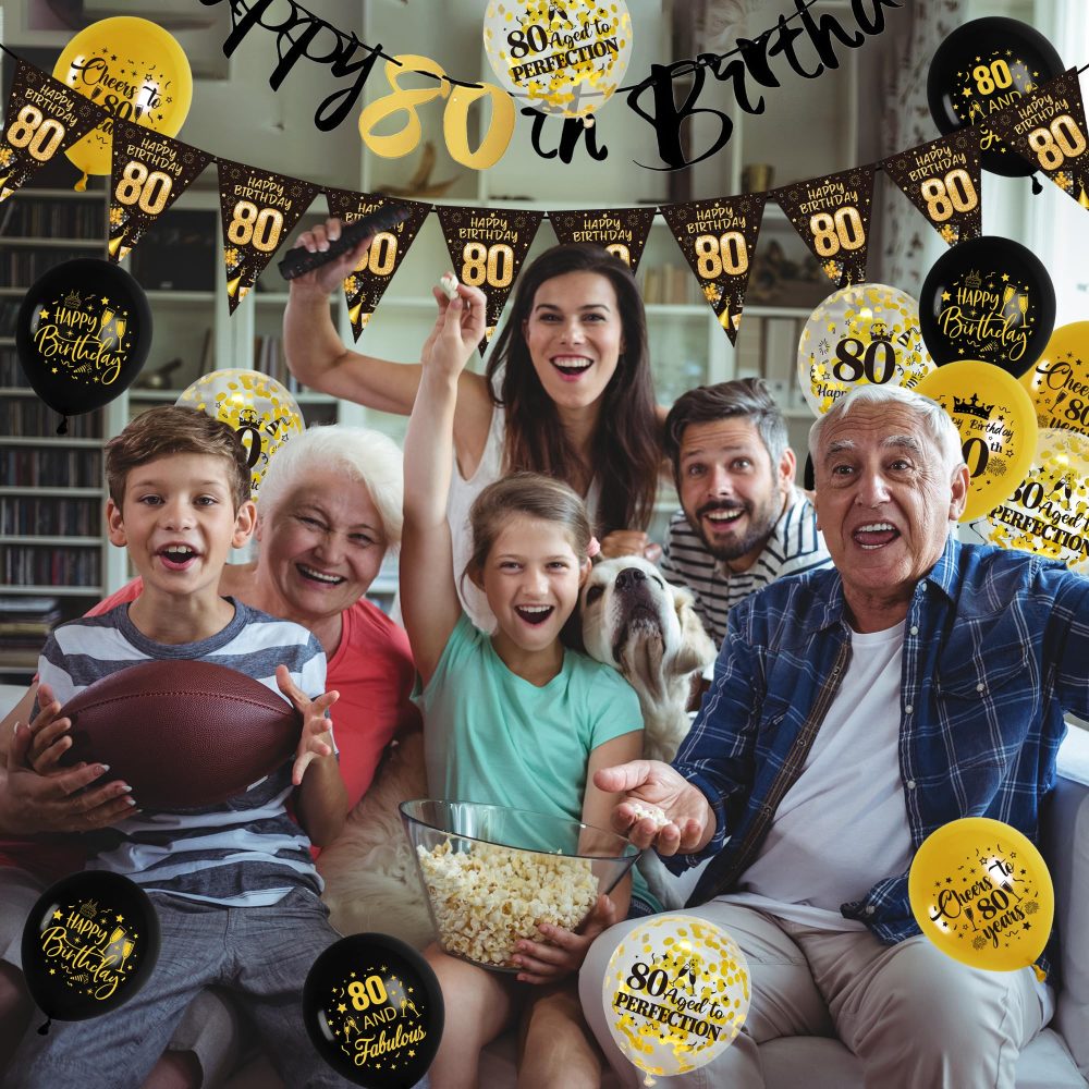 80th Birthday Decorations for Men - 44Pcs Black Gold Party Balloon Banner Decor Set with 80th Birthday Yard Banners Confetti Latex Balloons Happy Birthday Cake Topper for 80 Years Old Party Supplies - Image 2