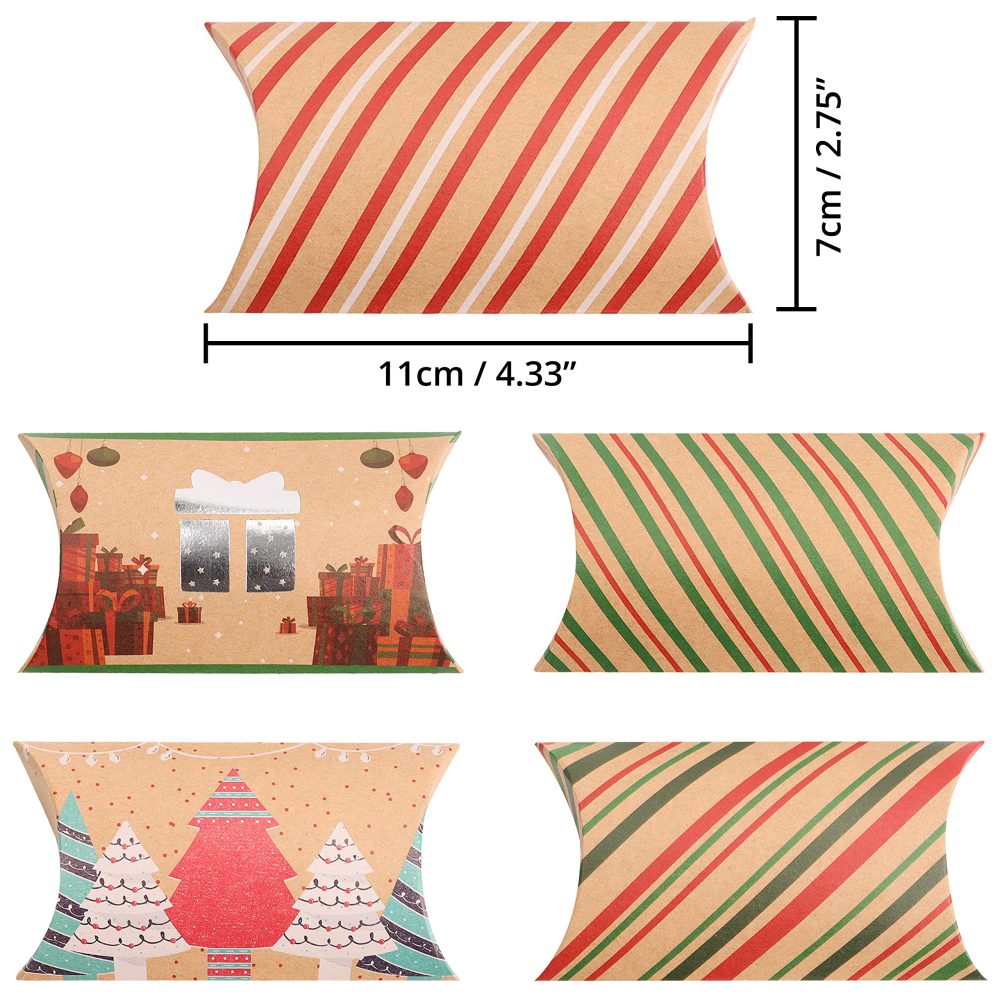 BELLE VOUS Christmas Pillow Boxes (50 Pack) - 10 Xmas Theme Winter Kraft Paper Box 11 x 7cm - Xmas Festive Presentation, Party Favours, Candy Box, Jewellery & Christmas Decoration - Image 8