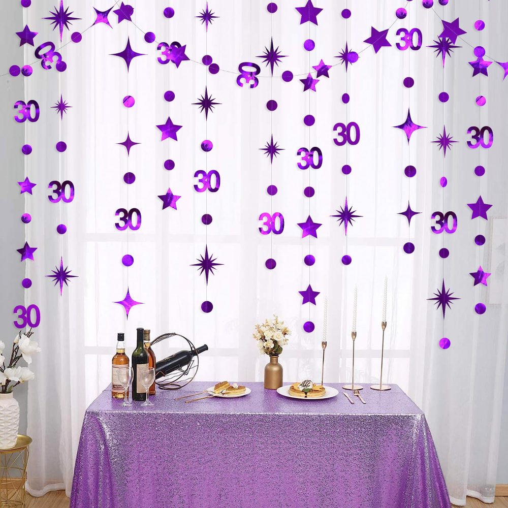 Purple 30th Birthday Decorations Number 30 Circle Dot Twinkle Star Garland Metallic Hanging Streamer Bunting Banner Backdrop for Women Mens Dirty Thirty Cheers to 30 Years Anniversary Party Supplies - Image 2