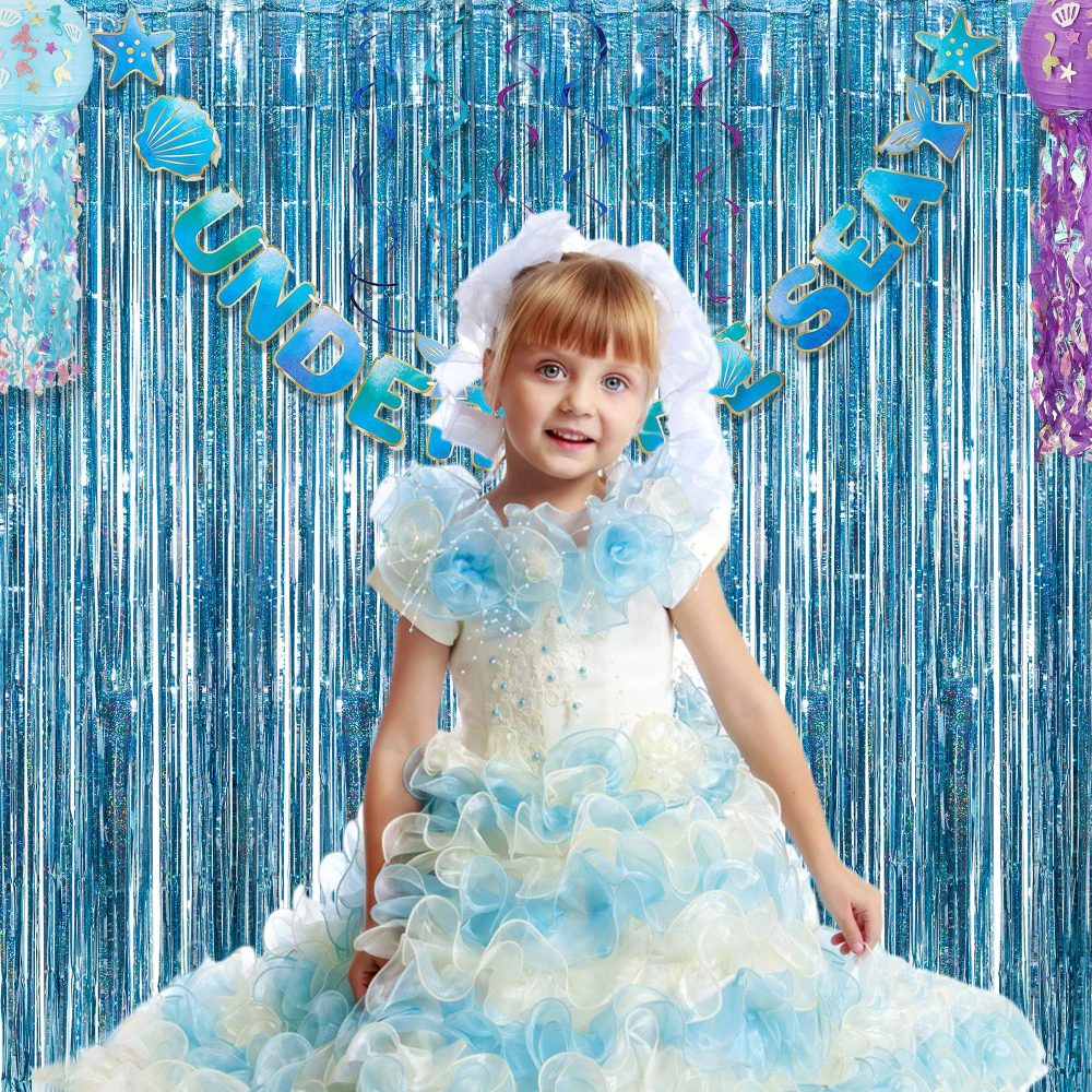 Blue Tinsel Curtain Party Backdrop - GREATRIL Foil Curtain Party Decor Photo Streamers Backdrop for Birthday/Baby Shower/Mermaid/Under The Sea/Ocean/Frozen Party Decorations - 1m x 2.5m - Pack of 2 - Image 6