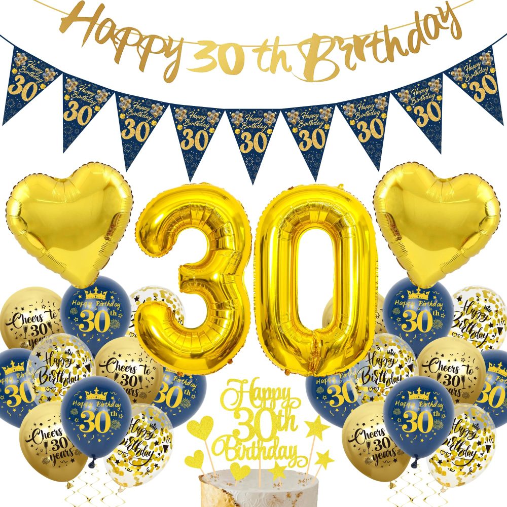 30th Birthday Decorations for Men - Blue and Gold 30th Birthday Banners Pennant Cake Topper Latex Balloon Number Balloon Heart Foil Balloon Suitable for 30th Birthday Party Supplies