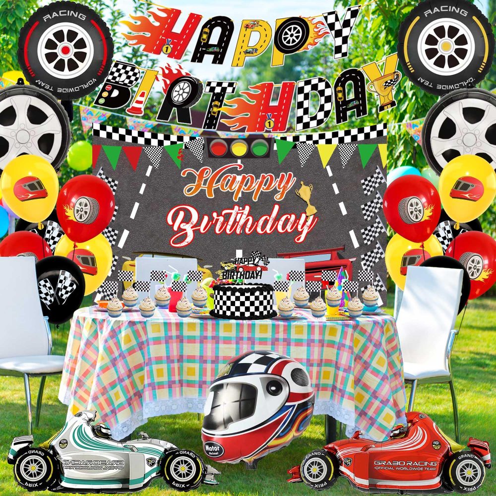 Race Car Birthday Party Decorations - 32Pcs Racing Car Happy Birthday Bunting Banner Checkered Cake Topper Motorcycle Foil Balloons for Kid Boy Let's Go Racing Themed Party Supplies - Image 2