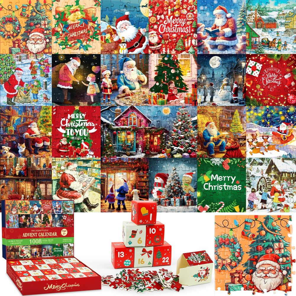 Advent Calendar 2024 Christmas Jigsaw Puzzles,1008 Pieces Jigsaw Puzzle 24 Days Christmas Countdown Advent Calendar Puzzle, Family Game Xmas Holiday Puzzles Gift Decorations for Kids Adults Women Men