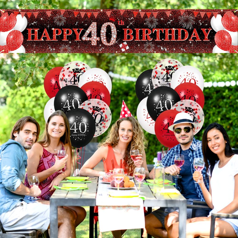 RUMIA Red 40th Birthday Decorations Men Women, Red Black Glitter 40th Birthday Banner Yard Sign & 16Pcs Red Black 40th Birthday Latex Balloons 40th Birthday Anniversary Party Supplies (A7R2X) - Image 6