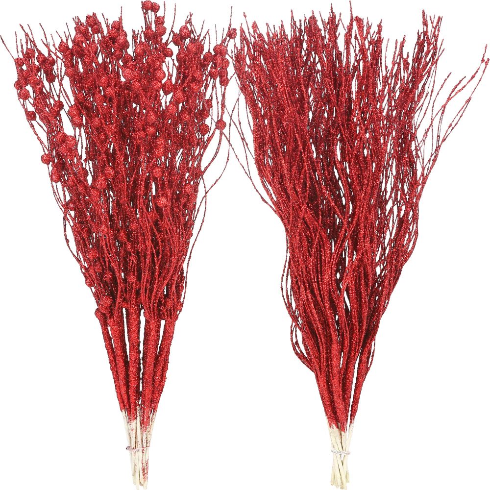 Sea Team 12-Pack Artificial Glitter Berry Stem Ornaments, Decorative Bead Sticks, Glittery Twigs, Picks, Branches for Christmas Tree, Small Vase, Holiday, Wedding, Party (17 Inches, Red)