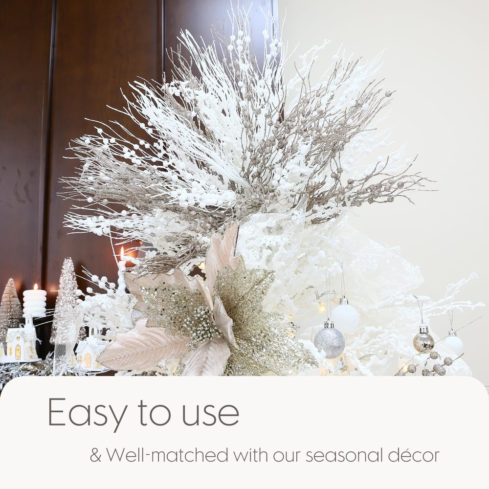 Sea Team 12-Pack Artificial Glitter Berry Stem Ornaments, Decorative Bead Sticks, Glittery Twigs, Picks, Branches for Christmas Tree, Small Vase, Holiday, Wedding, Party (17 Inches, White) - Image 3