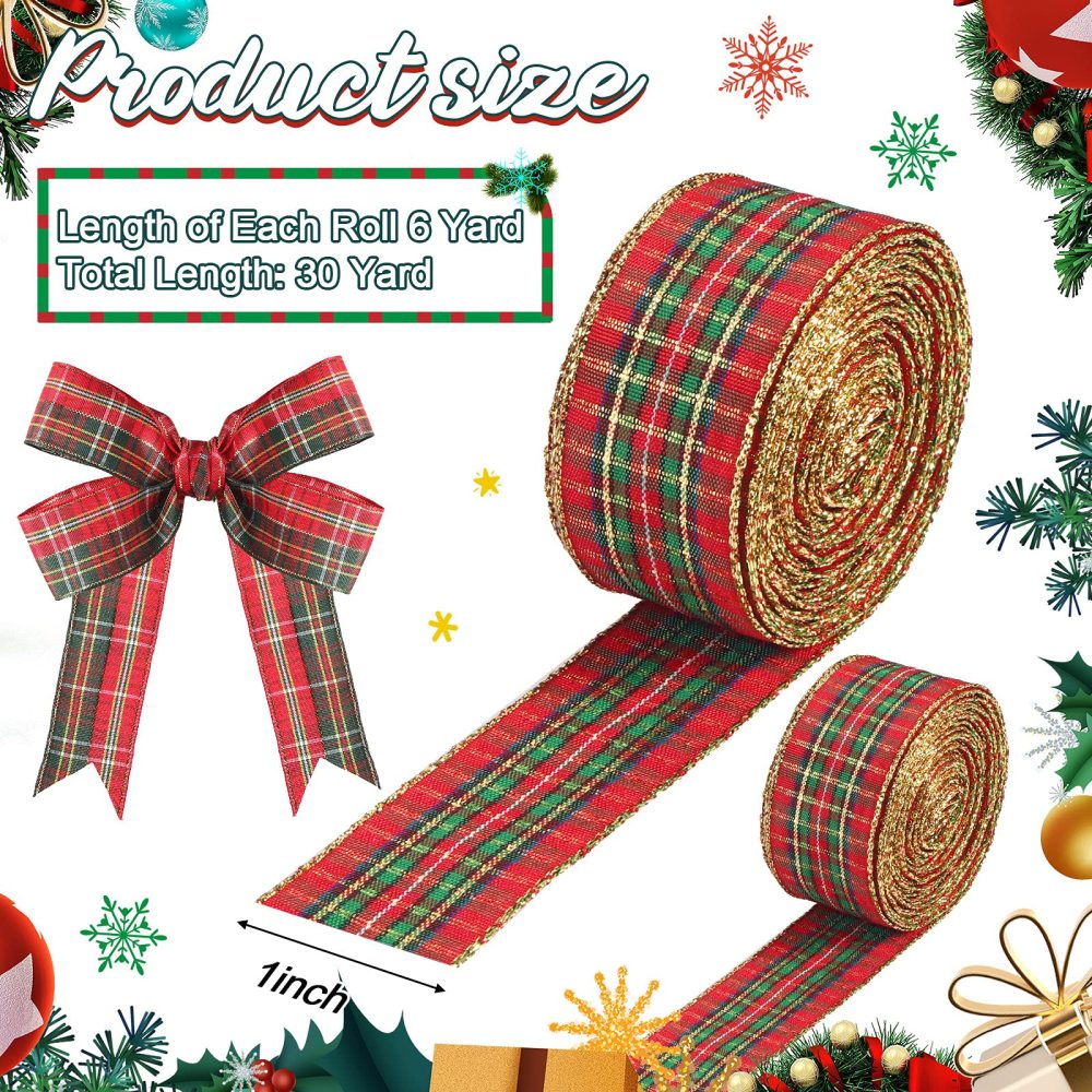 5 Rolls 30 Yards Christmas Red Plaid Ribbon Gingham Ribbon Check Wired Edge Wrapping Ribbon Tartan Ribbon for Christmas DIY Crafts Present Wrapping Home Decorations Bows (1 Inch Wide) - Image 7
