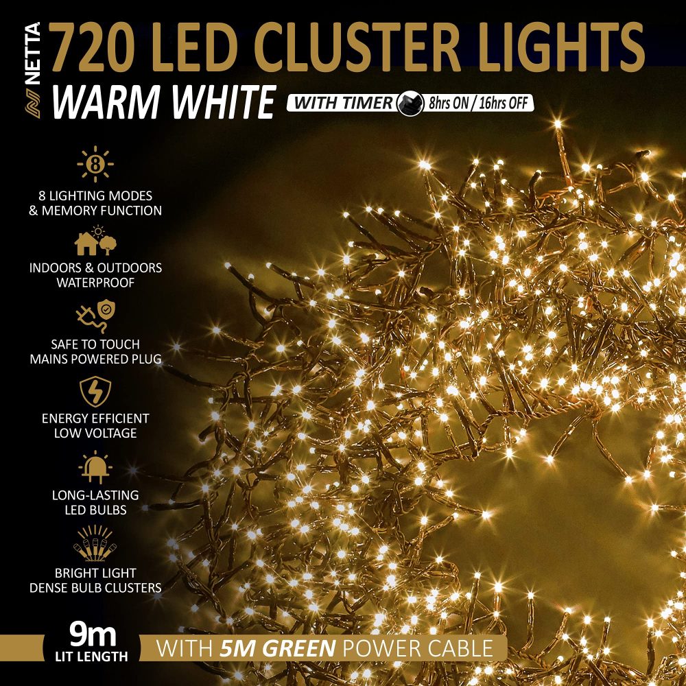 NETTA Christmas Tree Lights Cluster Lights 720 LED - 8 Hours On Timer, 8 Light Modes, Plug in, Waterproof Indoor & Outdoor Use – 720 LED / 9m Lit Length, Warm White - Image 7