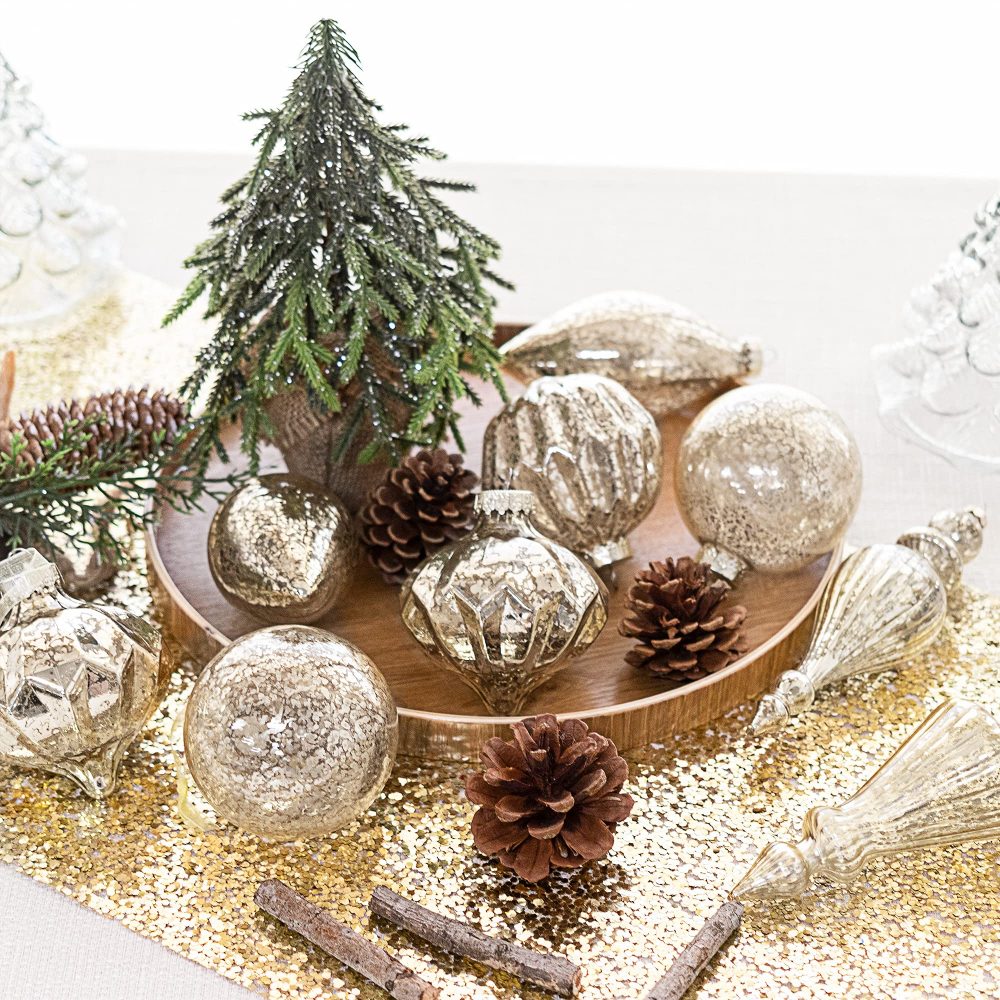 KI Store Mercury Glass Christmas Tree Decorations Champagne Silver Set of 8 80mm 120mm Hanging Christmas Baubles Finials for Christmas Tree Decoration Holiday Décor - Image 5