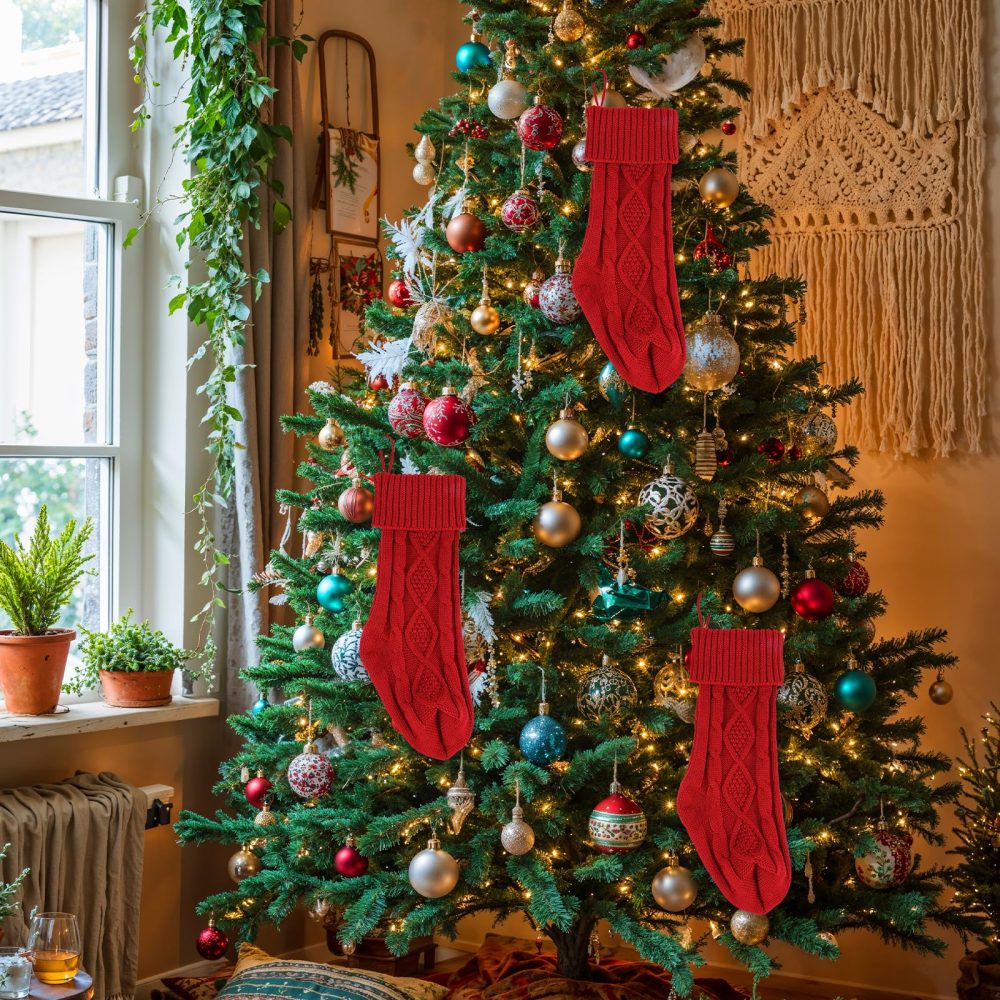 Giantree Classic Red Christmas Stockings, 18 Inch Large Knitted Christmas Socks Family Holiday Decorations for Fireplace or Party Decoration - Image 6