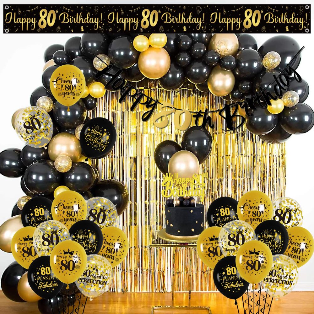 80th Birthday Decorations for Men - 44Pcs Black Gold Party Balloon Banner Decor Set with 80th Birthday Yard Banners Confetti Latex Balloons Happy Birthday Cake Topper for 80 Years Old Party Supplies - Image 3