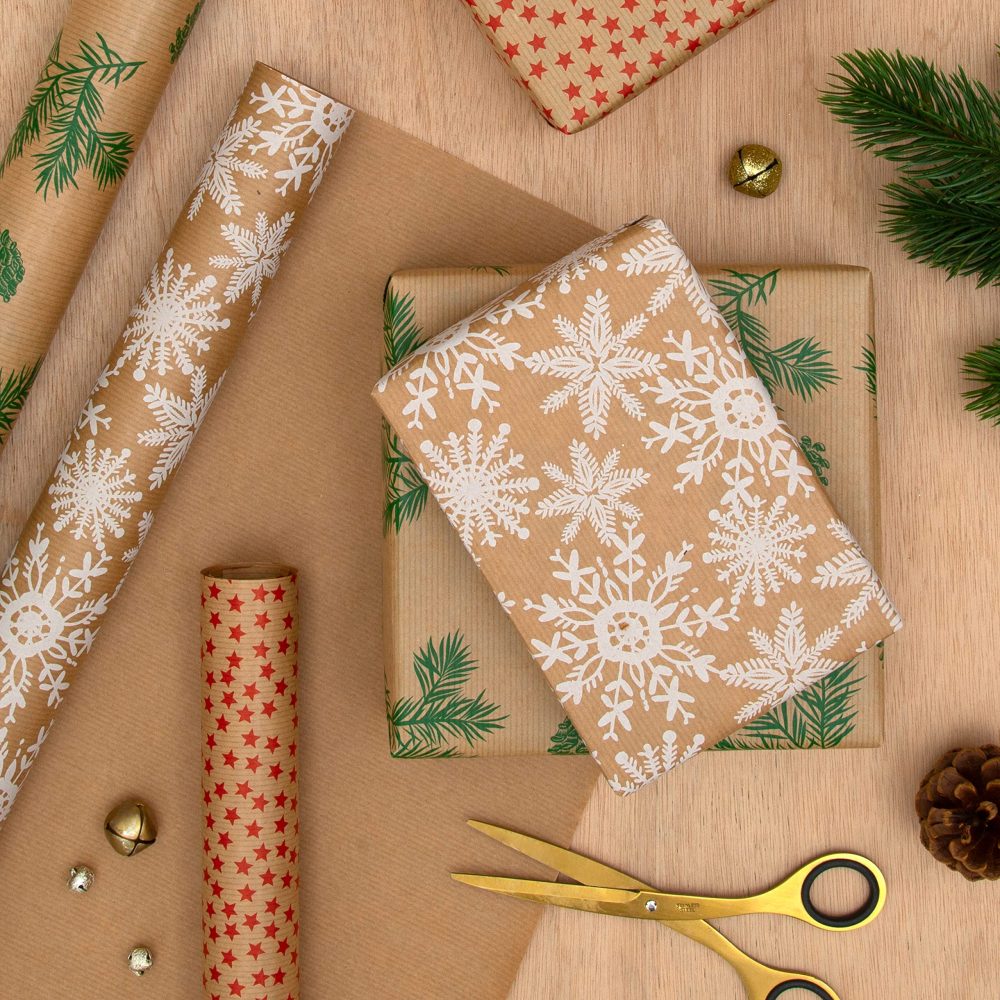 Hallmark Christmas Wrapping Paper, Pack of 6 Brown Kraft Gift Wrap, 3M Each, 3 Festive Designs, Stars, Snowflakes, Trees - Image 6