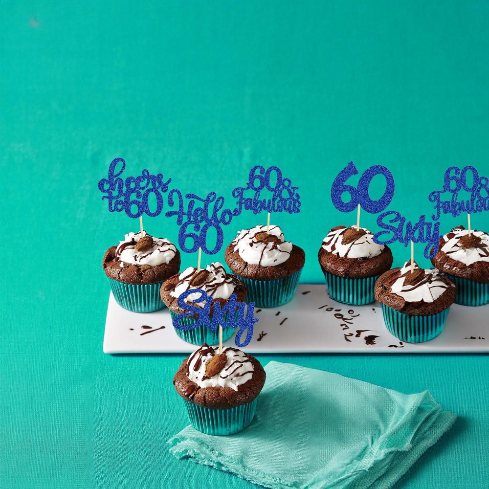 30Pcs Happy 60th Birthday Cupcake Toppers Deep Blue Glitter Sixty Cake Toppers Cheers to 60 Years Old Birthday Cupcake Picks for 60th Birthday Anniversary Party Cake Decorations Supplies - Image 2