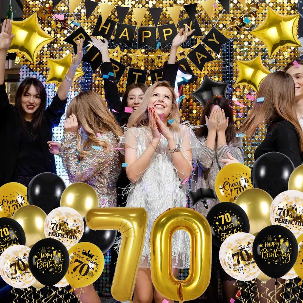 70th Birthday Decoration Set, Black Gold 70th Party Decorations Includes Pull Flower, Banner, Latex Balloons, Foil Balloons, Cake Topper, Pennant, Black and Gold Theme Suitable for 70th Party - Image 2