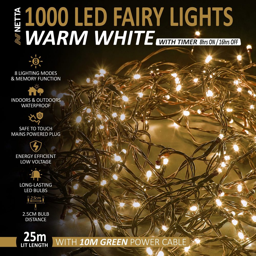 Christmas Tree Lights 1000 LED 25m Warm White - 2.5cm Bulb Distance Fairy String Lights Plug in with Timer and Memory Functions - Suitable for Outdoor/Indoor Use - Image 6