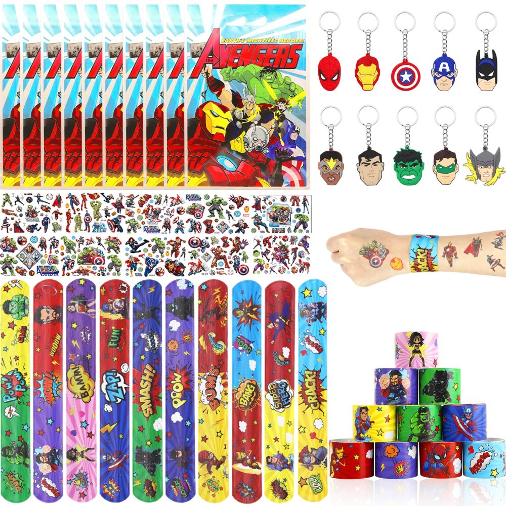 Cool Party Bag Fillers for Kids Boys Girls, 40Pcs Superhero Theme Assorted Toys Pinata Filler with Slap Bands Stickers Keychains Gift Bags Lucky Dip Prize Party Favours for Birthday Gift Halloween