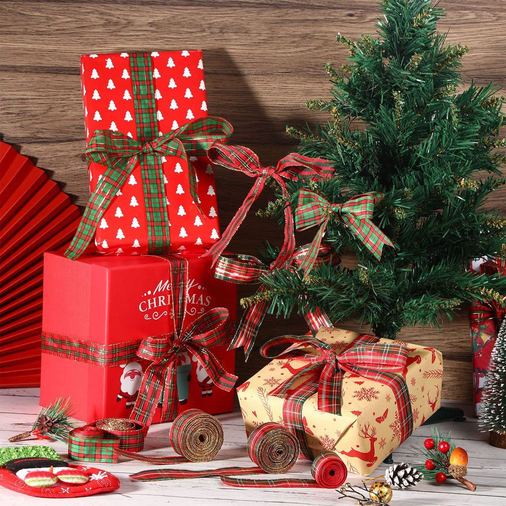 5 Rolls 30 Yards Christmas Red Plaid Ribbon Gingham Ribbon Check Wired Edge Wrapping Ribbon Tartan Ribbon for Christmas DIY Crafts Present Wrapping Home Decorations Bows (1 Inch Wide) - Image 2