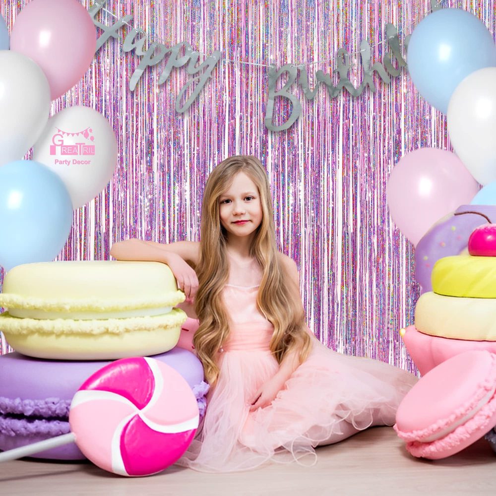 Tinsel Curtain Pink Glitter - GREATRIL Girls Tinsel Curtains Pastel Foils Fringe Party Decoration Background for Unicorn Mermaid Fairy Princess Birthday School Child School Party - Image 4