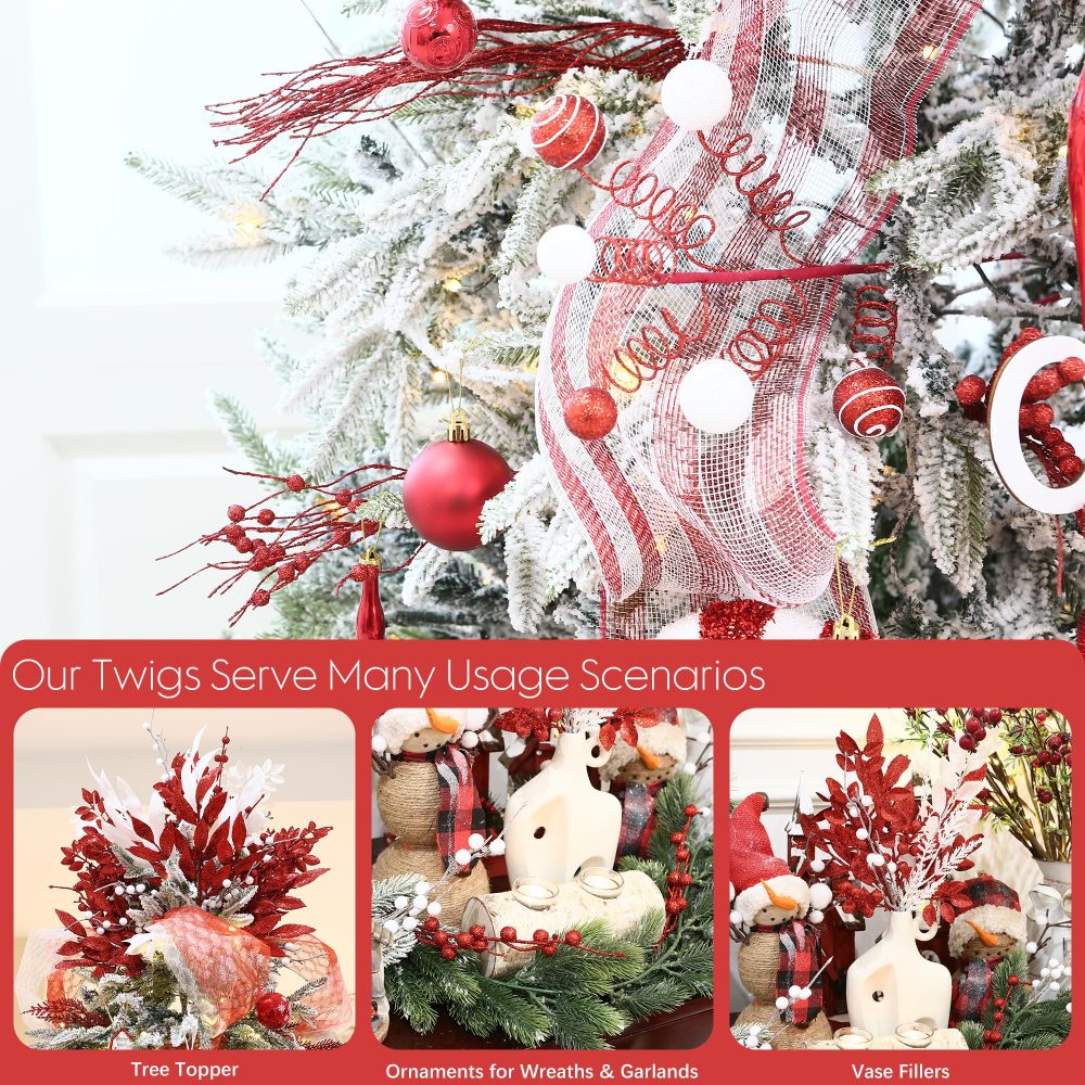 Sea Team 12-Pack Artificial Glitter Berry Stem Ornaments, Decorative Bead Sticks, Glittery Twigs, Picks, Branches for Christmas Tree, Small Vase, Holiday, Wedding, Party (17 Inches, Red) - Image 4