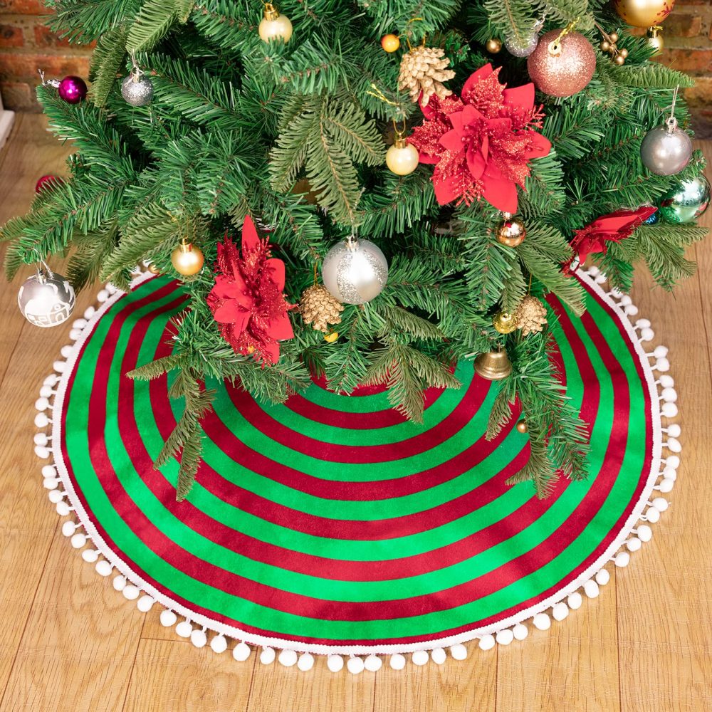 MACTING Christmas Tree Skirt, 30 Inches Red and Green Stripes Tree Skirt with Small Pom Poms Edge for Xmas Tree Christmas Decoration - Image 3