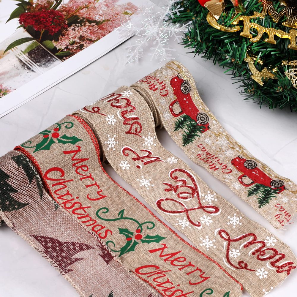Christmas Ribbon 5 Rolls, Xmas Theme Ribbon Polyester Satin Ribbon Winter Holiday Fabric Ribbon for Wedding,Christmas Decorations,Gift Wrapping,Hair Band Sewing DIY Crafts … - Image 2