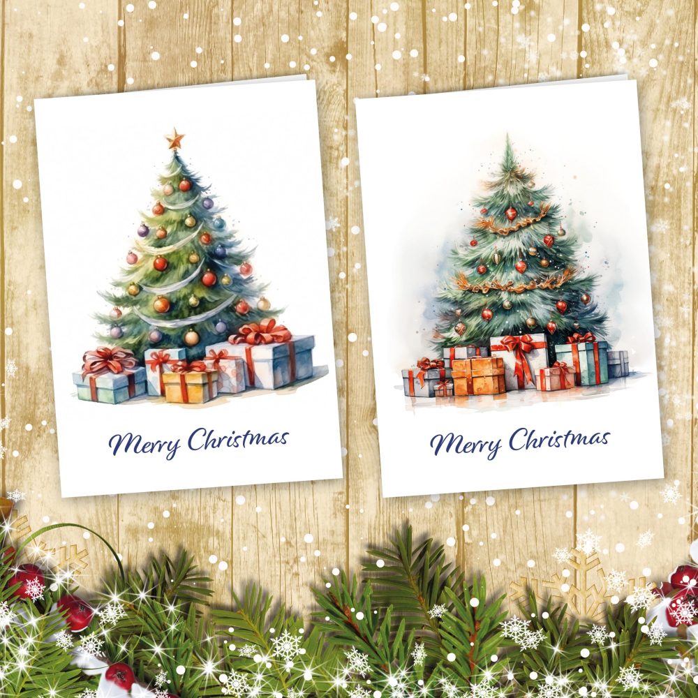 Charity Christmas Cards Pack of 24. Each Christmas Card pack has 4 different Watercolour Christmas Tree designs. Ecofriendly and UK made. Blank Inside. A6 card size. - Image 6
