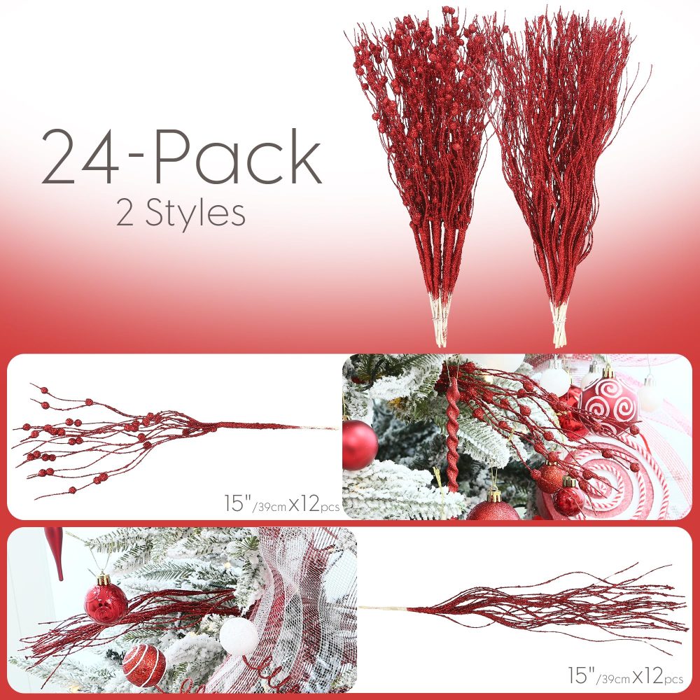 Sea Team 12-Pack Artificial Glitter Berry Stem Ornaments, Decorative Bead Sticks, Glittery Twigs, Picks, Branches for Christmas Tree, Small Vase, Holiday, Wedding, Party (17 Inches, Red) - Image 2