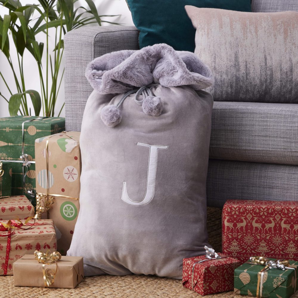 Celebright Matching Christmas Sack and Stocking Set with Embroidered Letter 'S' - Festive Holiday Décor for a Memorable Celebration - Faux Fur - Grey - Image 2