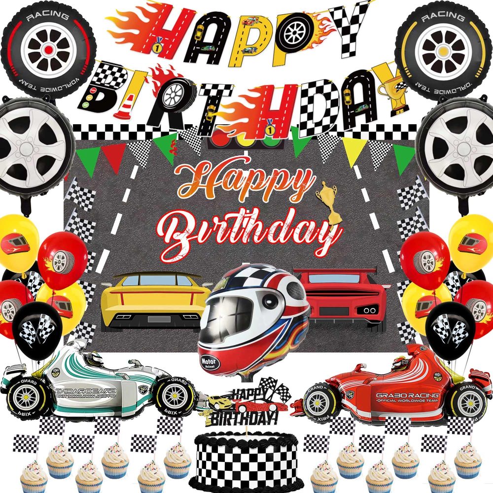 Race Car Birthday Party Decorations - 32Pcs Racing Car Happy Birthday Bunting Banner Checkered Cake Topper Motorcycle Foil Balloons for Kid Boy Let's Go Racing Themed Party Supplies