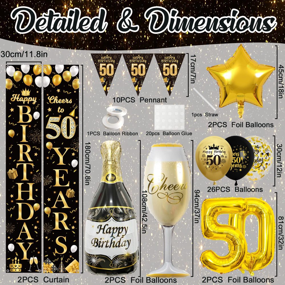 50th Birthday Decorations Women Men - Black Gold Happy 50th Birthday Door Porch Sign Banner Triangle Bunting Flags, Latex and Foil Balloons, Cheers to 50 Years Theme Party Supplies for Her and Him - Image 4