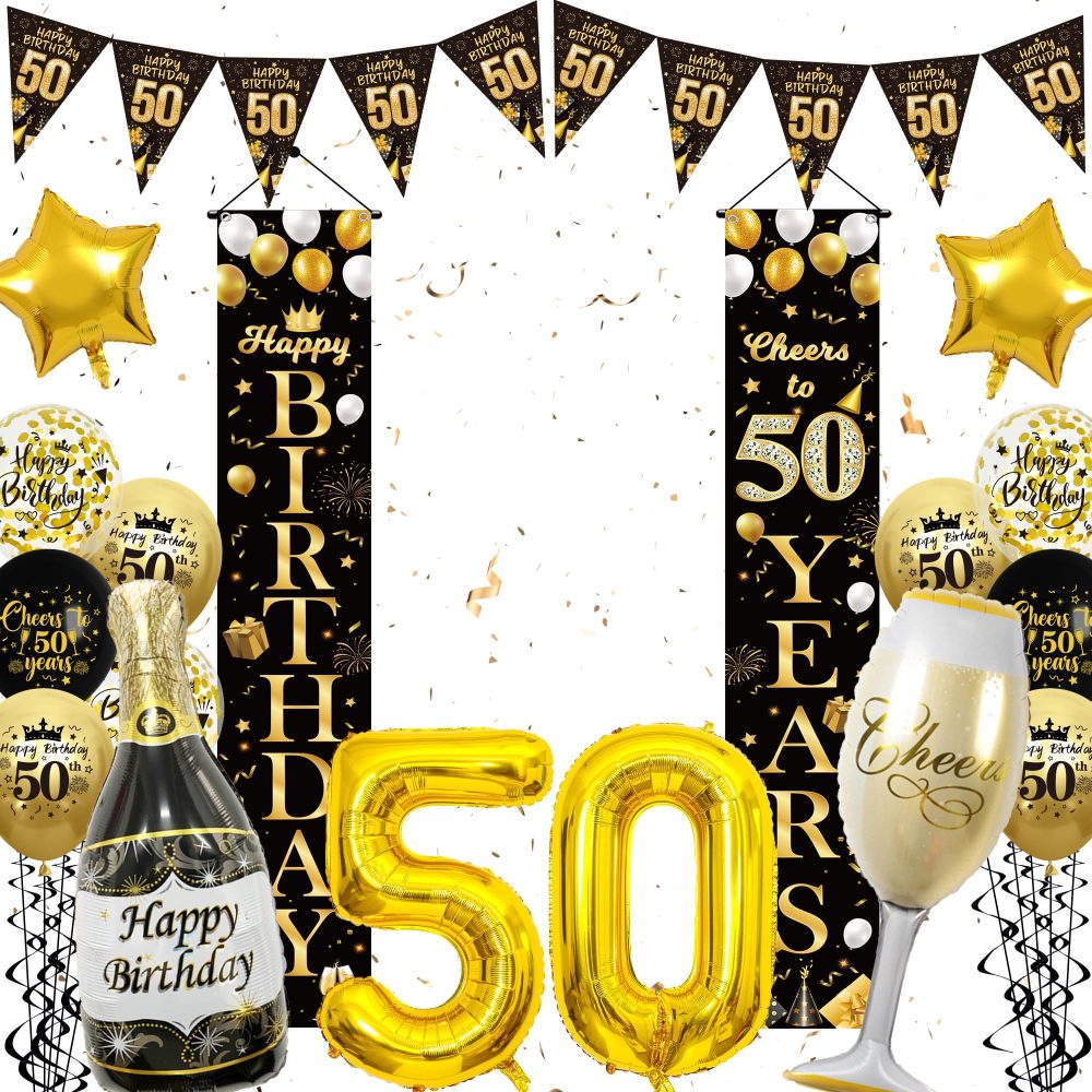 50th Birthday Decorations Women Men - Black Gold Happy 50th Birthday Door Porch Sign Banner Triangle Bunting Flags, Latex and Foil Balloons, Cheers to 50 Years Theme Party Supplies for Her and Him