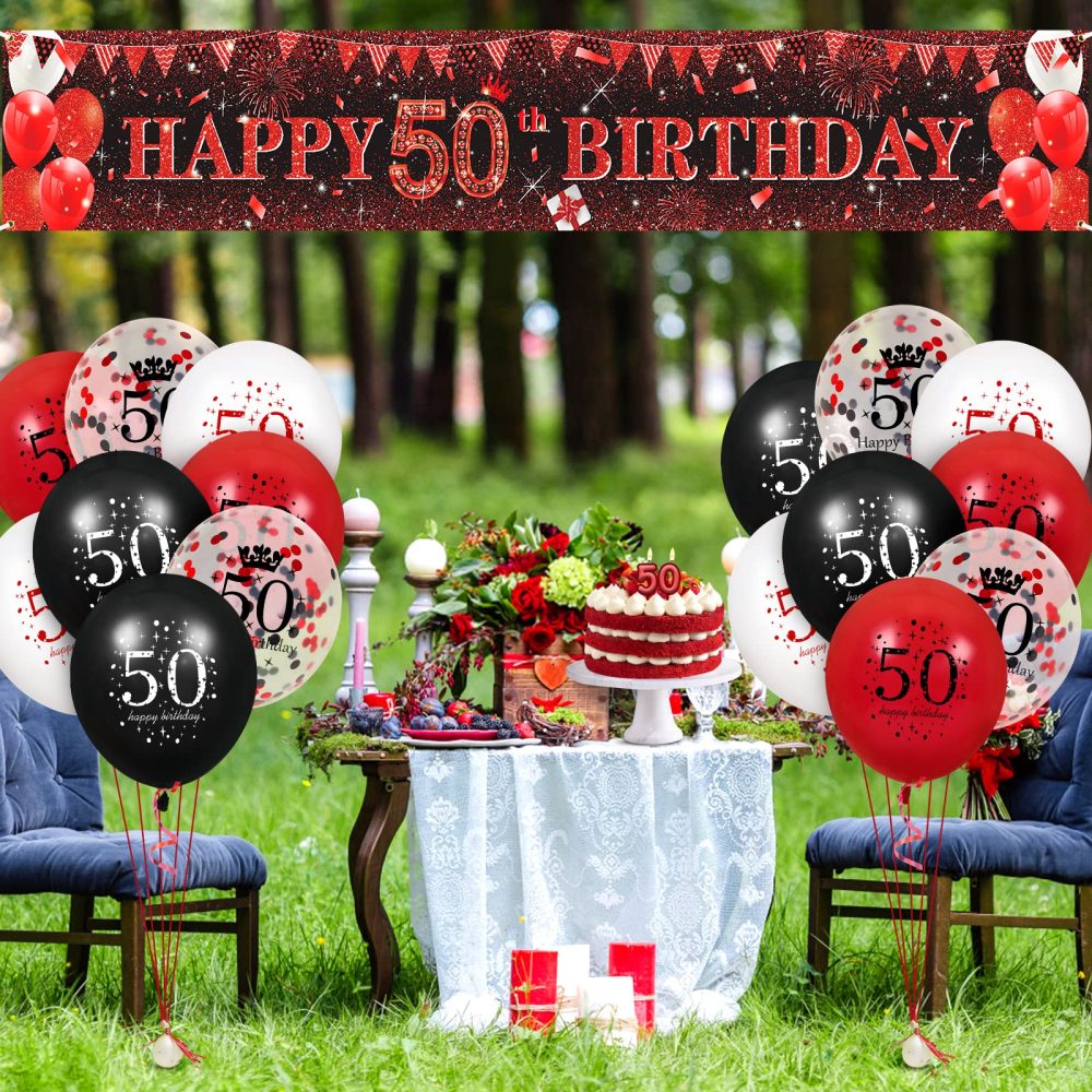 RUMIA Red 50th Birthday Decorations for Men Women, Red Black Glitter 50th Birthday Banner Yard Sign and 16Pcs Red Black 50th Birthday Latex Balloons for 50th Birthday Anniversary Party Supplies (A6X) - Image 4
