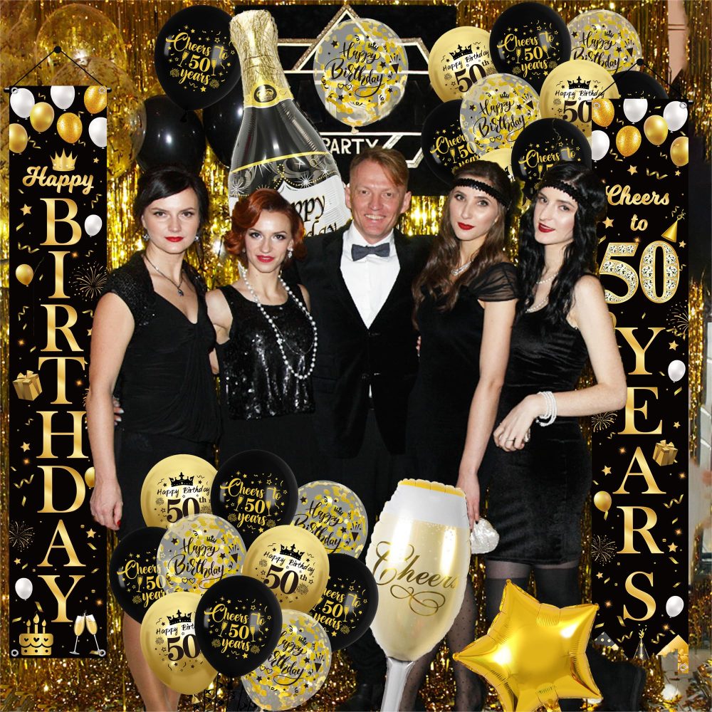 50th Birthday Decorations Women Men - Black Gold Happy 50th Birthday Door Porch Sign Banner Triangle Bunting Flags, Latex and Foil Balloons, Cheers to 50 Years Theme Party Supplies for Her and Him - Image 5