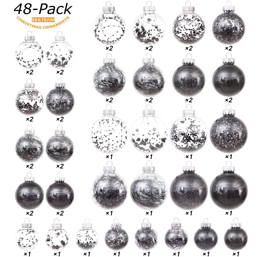 Sea Team Multi-Size Shatterproof Clear Plastic Christmas Ball Ornaments Decorative Xmas Balls Baubles Set with Stuffed Delicate Decorations (48 Counts, Black) - Image 7