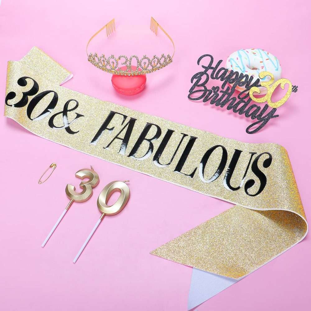 30th Birthday Sash and Tiara Crown Gold 30th Sash Rhinestone Tiara Crown 30th Birthday Number Candles Cake Toppers for Women 30th Birthday Gift Party Decorations Supplies - Image 3