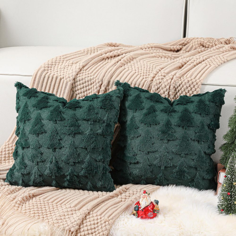 Lewondr Christmas Throw Pillow Cover 18x18, Set of 2 Super Soft Faux Fur Pillow Covers Velvet Christmas Tree Embroidery Decorative Throw Pillowcase for Living Room Bed Couch Sofa Car Home Decor, Green - Image 6