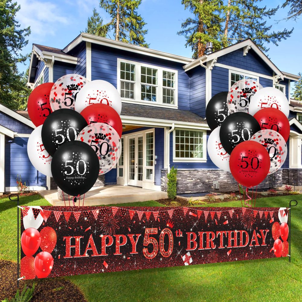RUMIA Red 50th Birthday Decorations for Men Women, Red Black Glitter 50th Birthday Banner Yard Sign and 16Pcs Red Black 50th Birthday Latex Balloons for 50th Birthday Anniversary Party Supplies (A6X) - Image 6