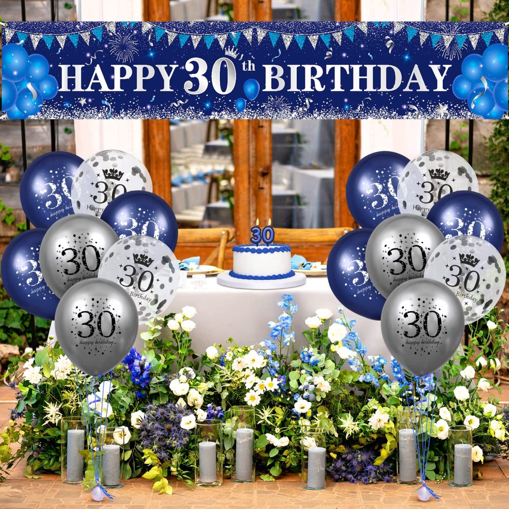 RUMIA Blue 30th Birthday Decorations for Men Women, Navy Blue Silver Happy 30th Birthday Yard Banner, Blue 30th Birthday Balloons for 30th Birthday Anniversary Party Decorations Supplies, A6X8L11 - Image 7