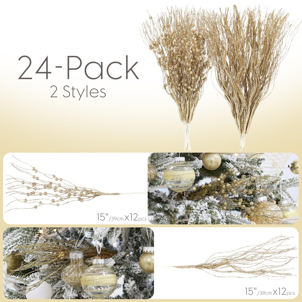 Sea Team 12-Pack Artificial Glitter Berry Stem Ornaments, Decorative Bead Sticks, Glittery Twigs, Picks, Branches for Christmas Tree, Small Vase, Holiday, Wedding, Party (17 Inches, Gold) - Image 2