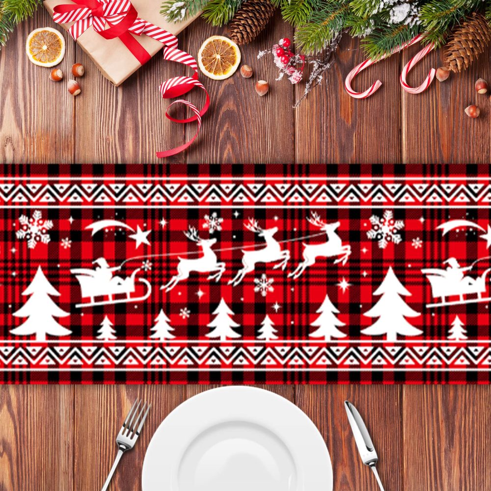 RMMD Christmas Table Runner Decorations 200*28cm Red Black Plaid Lattice Table Runner Xmas Long Table Runner with Tassels Farmhouse Check Table Decorations for Christmas Home Kitchen Dinning Room - Image 2