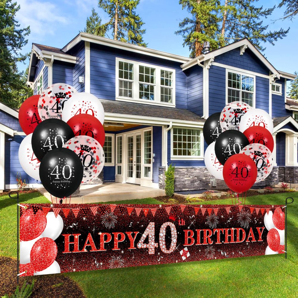 RUMIA Red 40th Birthday Decorations Men Women, Red Black Glitter 40th Birthday Banner Yard Sign & 16Pcs Red Black 40th Birthday Latex Balloons 40th Birthday Anniversary Party Supplies (A7R2X) - Image 7