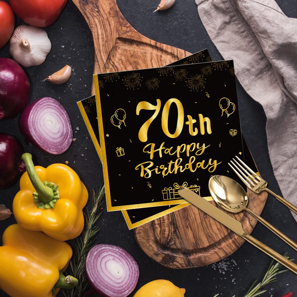 Topways Black Gold 70th Birthday Decorations Paper Napkins, 40pcs Disposable Paper Birthday Napkins Table Decoration for Women Men 70th Birthday Party (70th) - Image 4