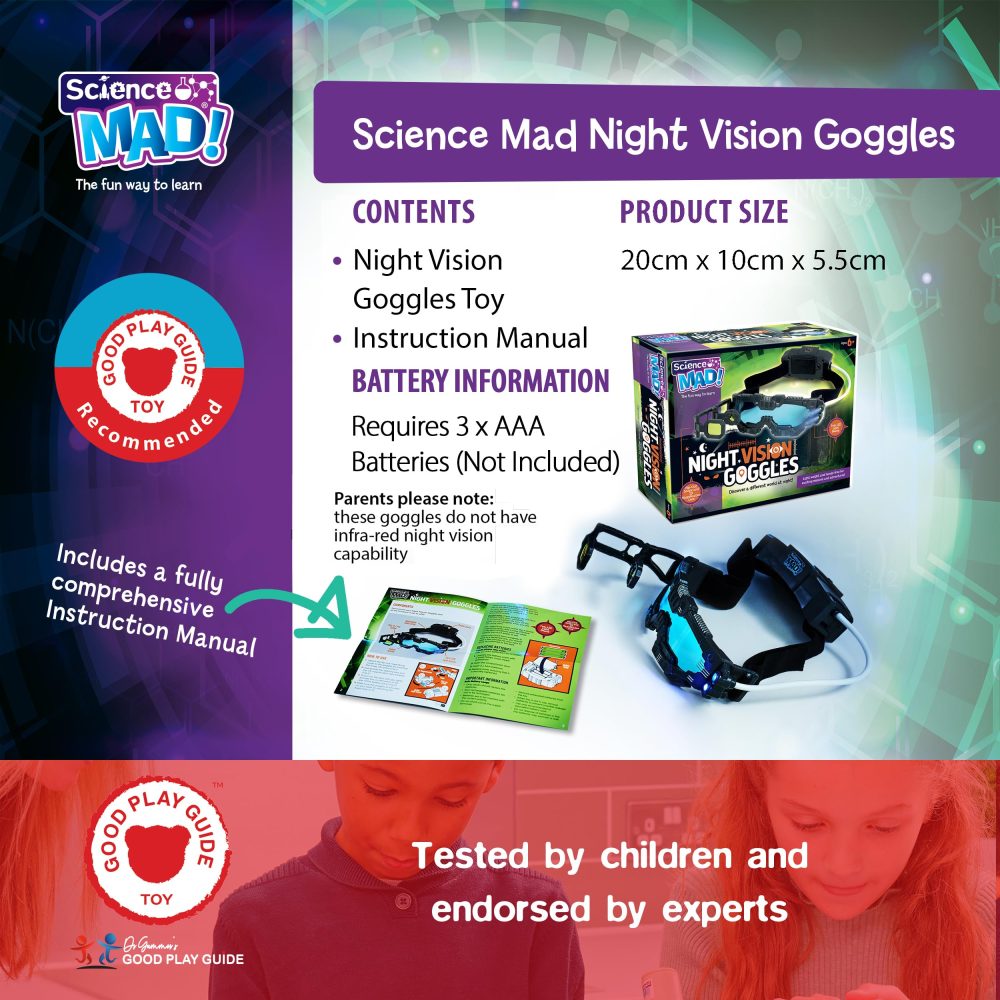 Science MAD! Night Vision Goggles For Kids - For Fun Night Missions - Lightweight, Flip Out Scope, 2x Magnification, Twin LED Beams, Blue Lenses, 6+ Years, ‎20 x 10 x 5.5 cm (SM55) , Black - Image 6