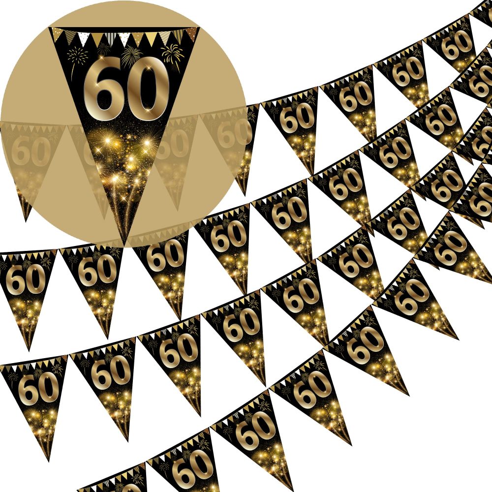 40Pcs Happy 60th Birthday Banner Bunting Flags Gold and Black Glitter 60th Birthday Anniversary Party Decoration Supplies,60th Birthday Triangle Flag Banners for Men Women