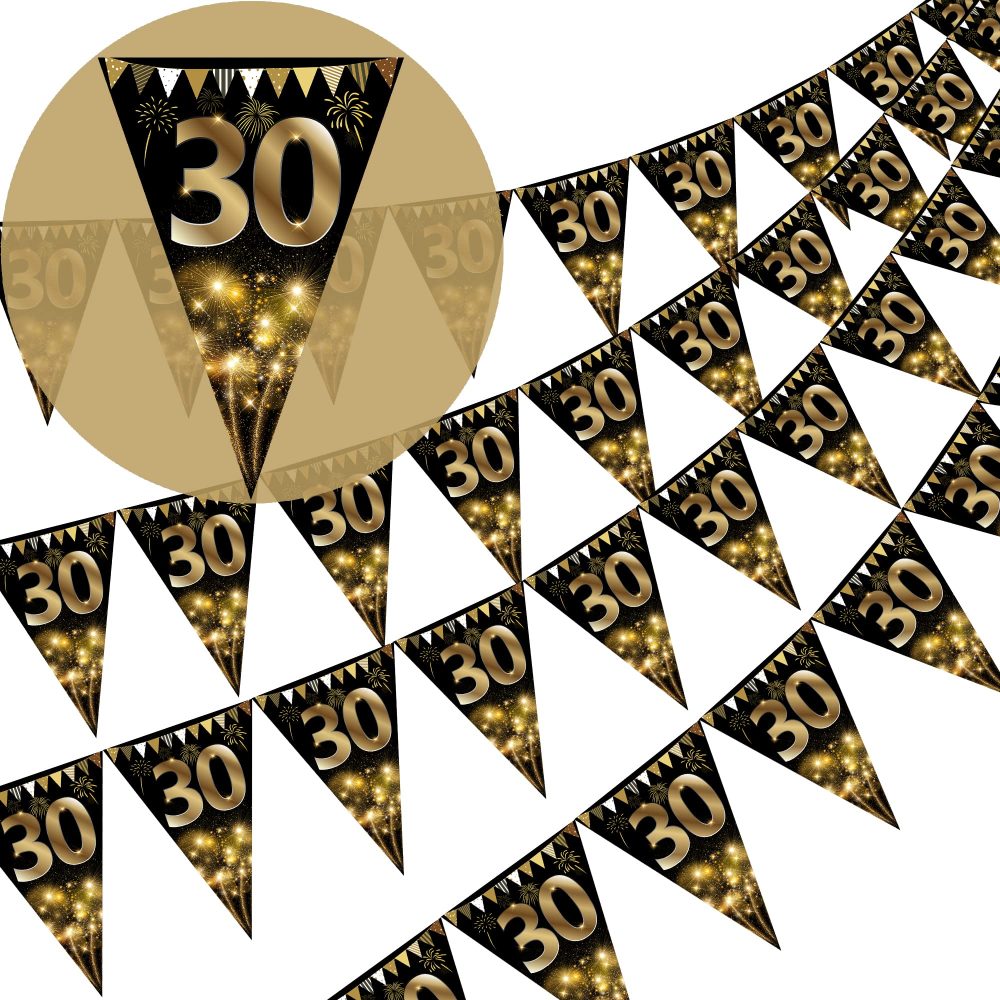 40Pcs Happy 30th Birthday Banner Bunting Flags Gold and Black Glitter 30th Birthday Anniversary Party Decoration Supplies,30th Birthday Triangle Flag Banners for Men Women
