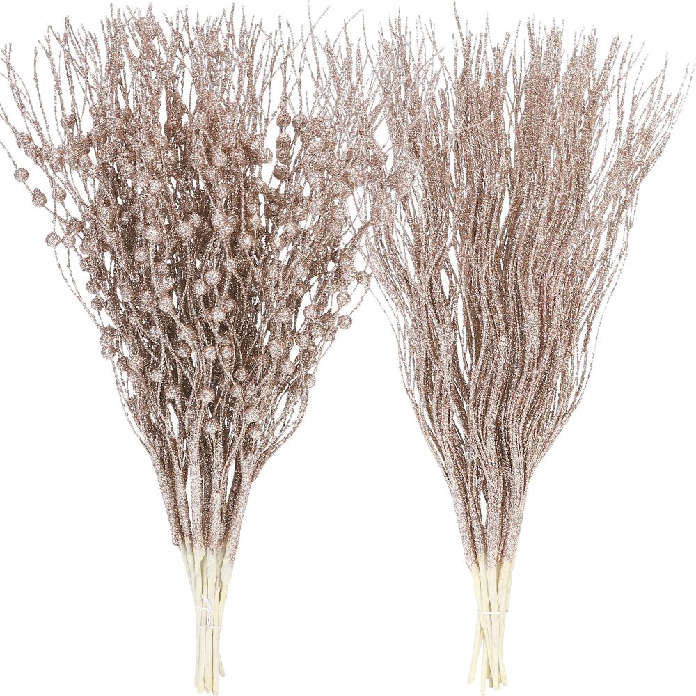 Sea Team 12-Pack Artificial Glitter Berry Stem Ornaments, Decorative Bead Sticks, Glittery Twigs, Picks, Branches for Christmas Tree, Small Vase, Holiday, Wedding, Party (17 Inches, Champagne)