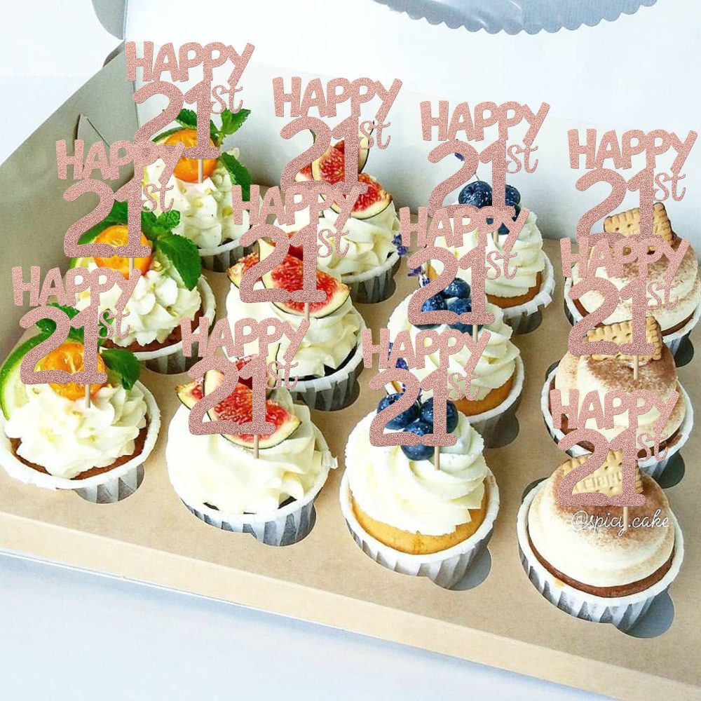 Xsstarmi 24 Pack Happy 21st Cupcake Toppers Glitter Number 21 Cheers to 21st Birthday Cupcake Picks for 21st Birthday Wedding Anniversary Party Cake Decorations Supplies Rose Gold - Image 4