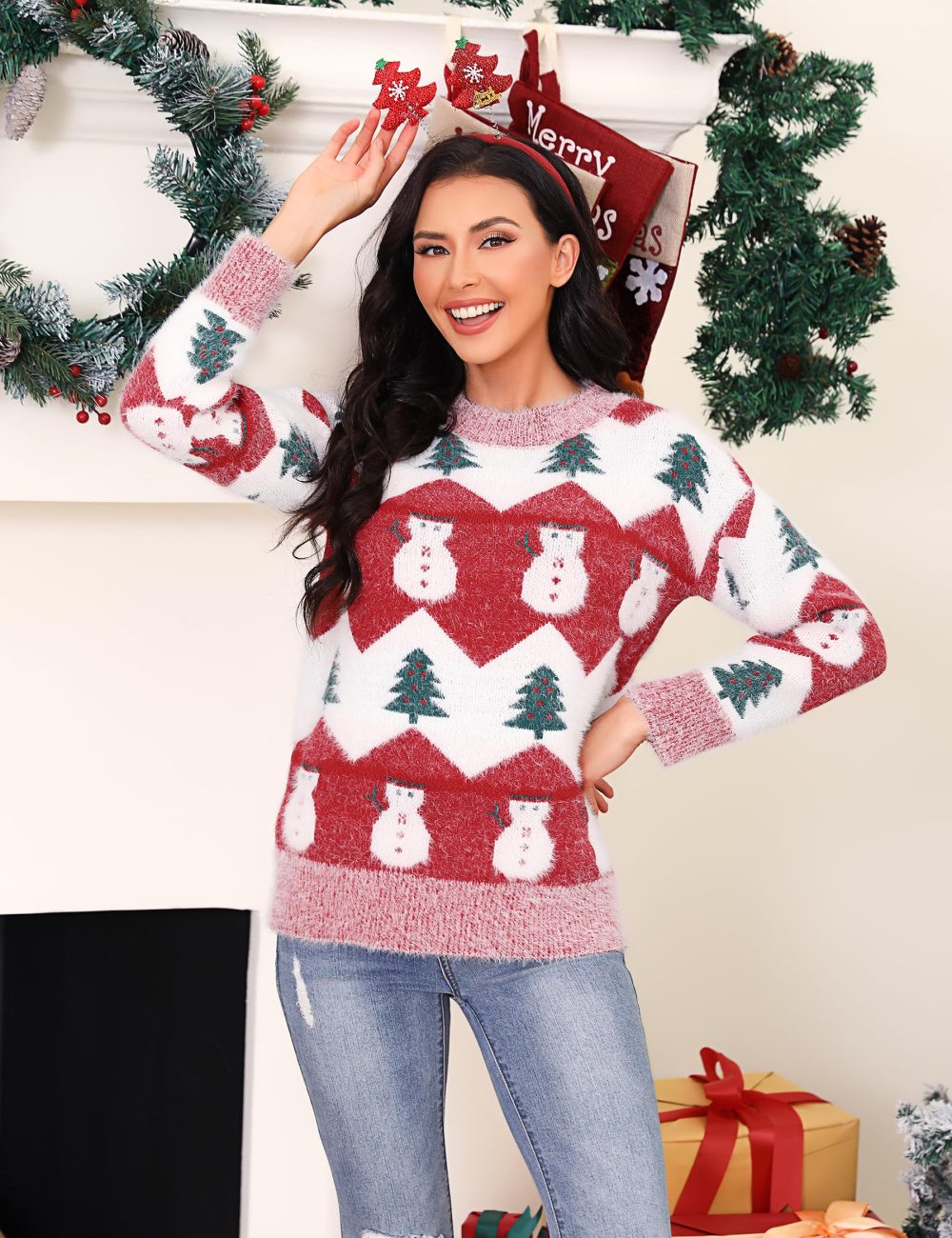 Marvmys Women Knit Sweater Jumper Long Sleeve Pullover Tops Knitwear Crew Neck Loose Warm Vintage Pullover Christmas Sweater Autumn Winter Red S - Image 8
